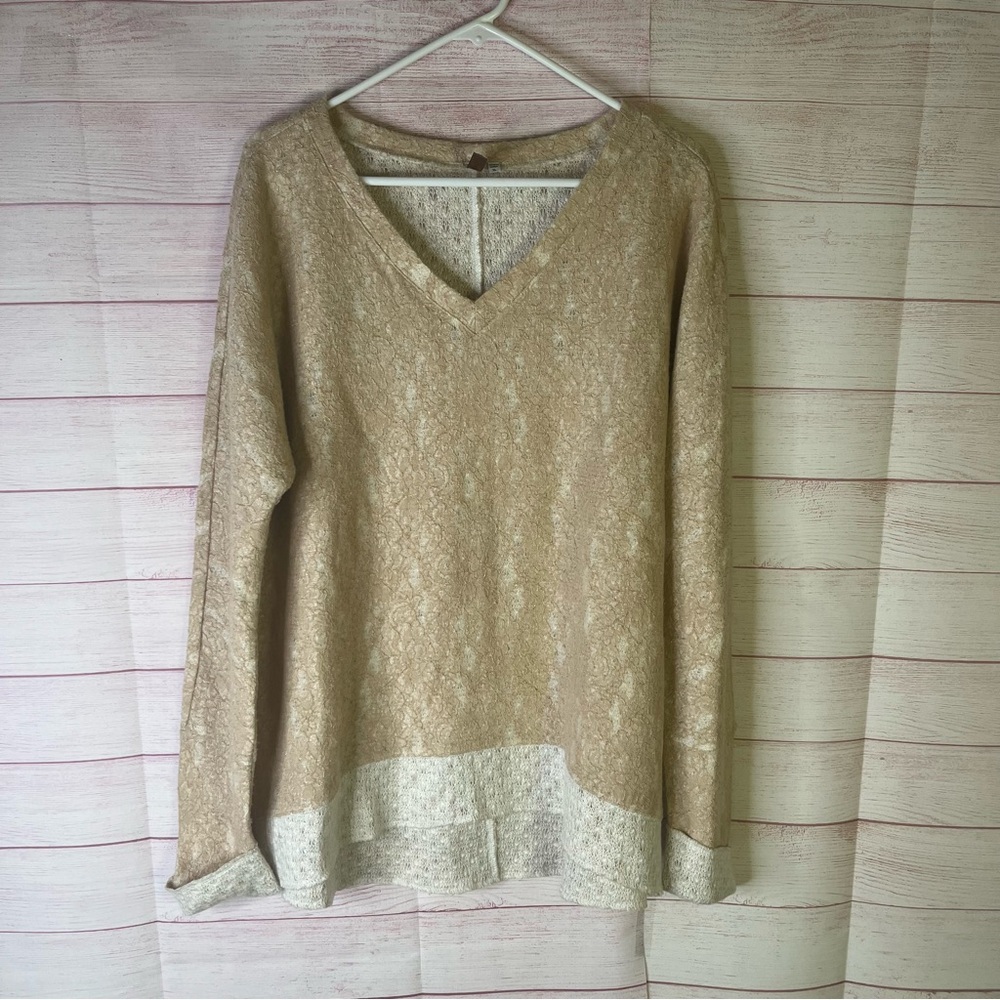 Kut From The Kloth V-Neck Beige Lace Overlay Long Sleeve Pullover Top Size XL